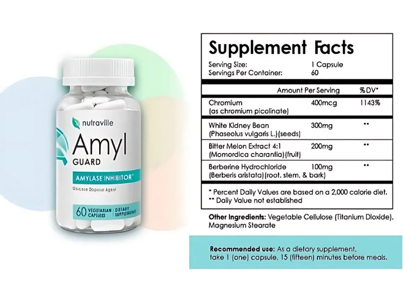 Amyl Guard Best Carb Blocker Supplement for Digestive Enzyme Support by NutraVille Supplement Facts Ingredients Label