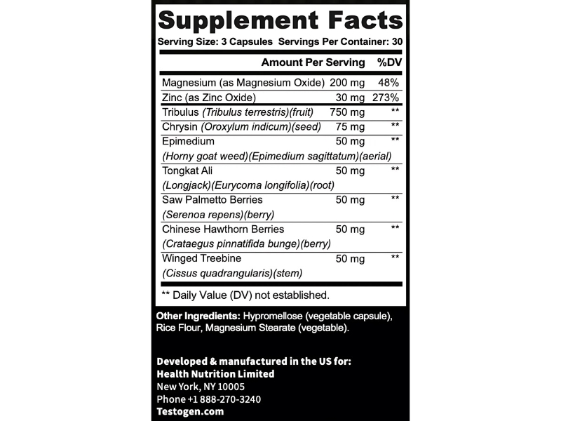 Testogen Best Natural Testosterone Booster for Energy in Men to Raise Low T Levels Supplement Facts Ingredients