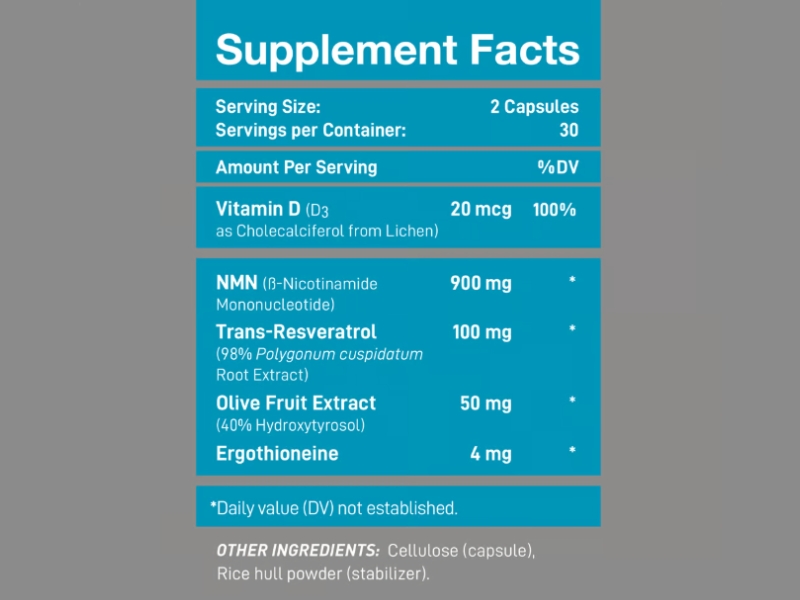 Wonderfeel NMN Supplements Potent Activated NAD+ Boosting Youngr and Capsuls Formulas Supplement Facts Ingredients